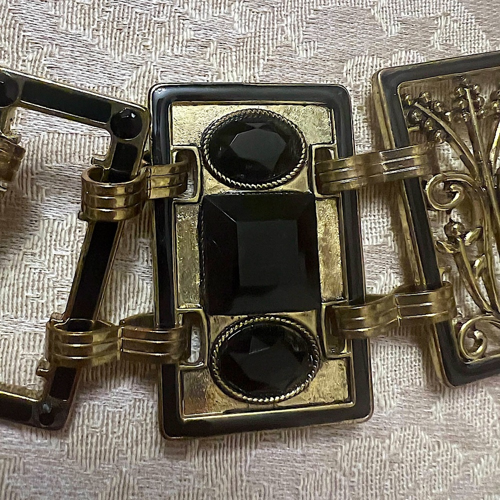 Vintage art deco belt gold & black floral geometric chain adjustable boho EUC - Picture 7 of 14